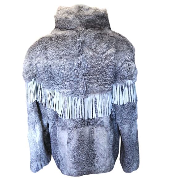 Vtg Rabbit Fur w/leather Fringe gray bomber jacket Western Chic 80s size small - Picture 3 of 11